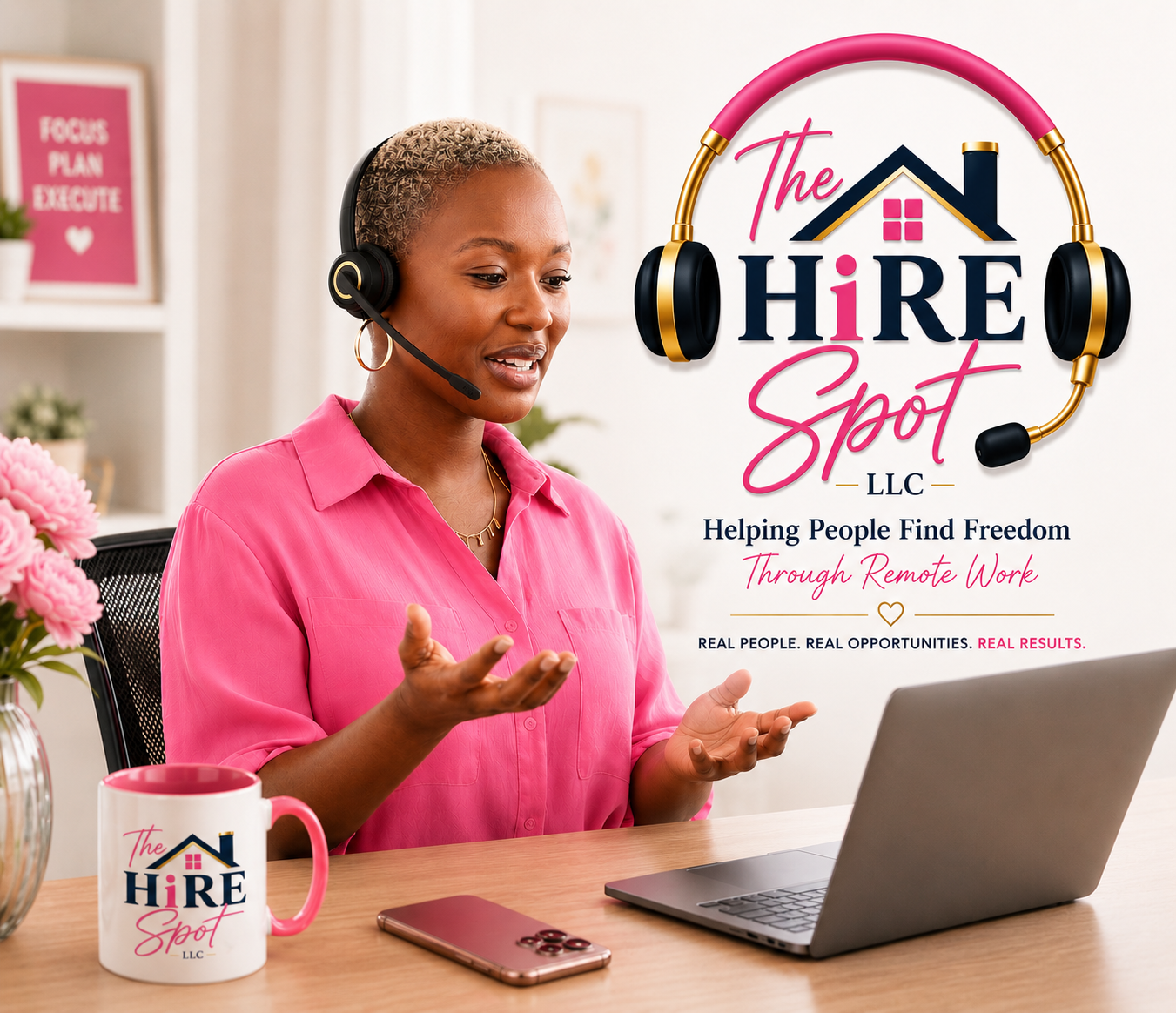 Remote worker with headset smiling at laptop
